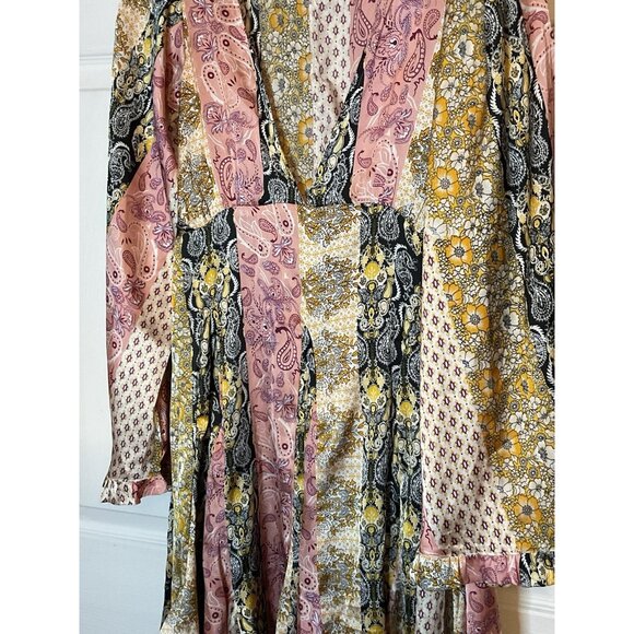 ASOS Pink‎ Gold Satin Paisley Long Sleeve Dress Boho Mixed Pattern V-Neck Size 4 - Picture 3 of 6